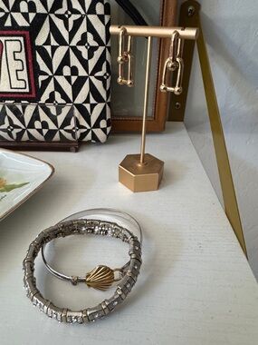 Gold Hardware Earrings Silver Gold Shell Accent w CZ Crystals, Ermish Set